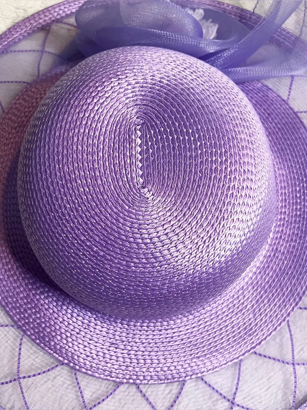 Vintage Lord & Taylor Lavender Purple Wide Brim Floral Fascinator Derby Hat